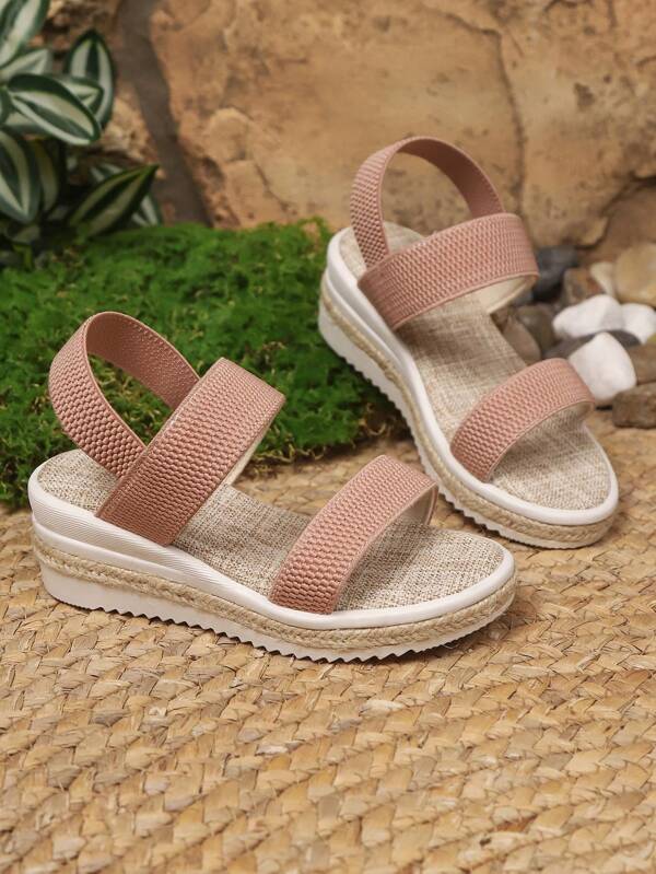 Girls' Comfy Thick Bottom Wedge Elastic Sandals, Elastic Band Rope Thick Bottom High Heel Sandals, Suitable For Children Outdoor Wear In Summer