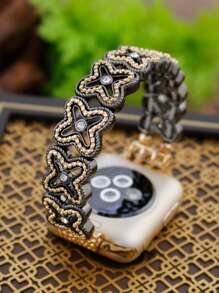 1pc Fashionable Classic Lucky Grass Zinc Alloy Elastic Bracelet Strap Compatible With Apple Watch Band 38/40/41/42/44/45/49/(S10 42)/(S10 46)Mm, Retro Elegant Simple Flower Rhinestone Zinc Alloy Bracelet Strap Is Compatible With Iwatch Band Ultra2/S10/SE/9/8/7/6/5/4/3/2/1Series, Bohemian Style Women Watchbands, Fine Women Fashion Watch Accessories, Smart Watch Strap/Band, Unique Personalized And Style Strap, Valentine's Day Mother's Day Gift