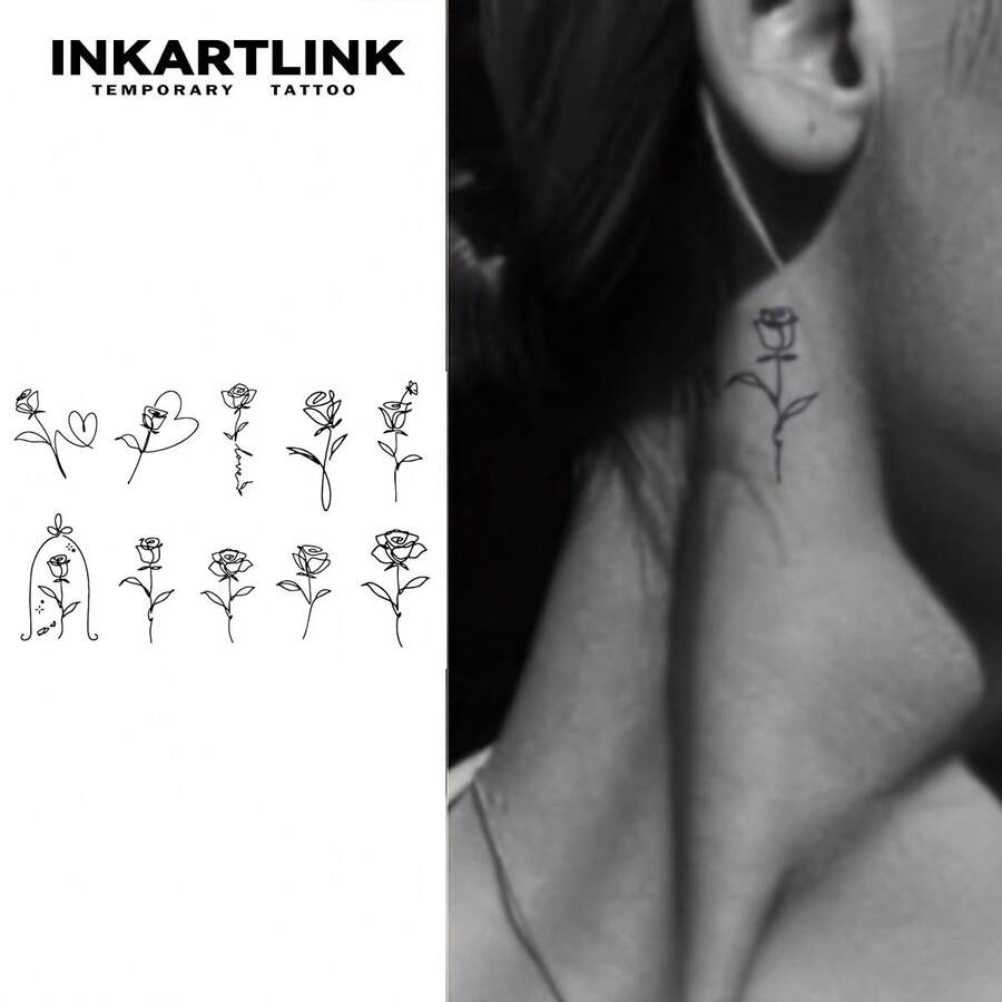Non-Permanent Tattoo Technology, Various Rose Flower Design Temporary Tattoo Stickers, Faux Waterproof Sweatproof Long-Lasting 1-2 Weeks Tattoo, Body Tattoo Stickers For Women - 黑色 - 查看 1