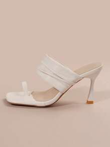 法式白色褶皱露趾坡跟凉鞋，女士新款时尚系带高跟凉鞋，夏季