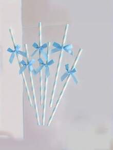 1 Set/3pcs Sparkling Bowknot Decorated Straws, Cute Cartoon Striped Paper Straws For Wedding Gender Reveal Christening Party Decorations, Birthday Party Supplies,School Supplies