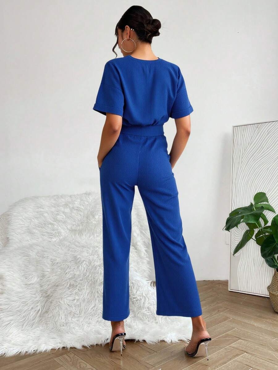 Conjunto Mujer Elegante Casual de Dos Piezas, Blusa Oversize Manga Corta y Pantalón Recto Cintura Alta con Cordón, Outfit Monocromático para Fiesta, Oficina o Evento Set dos piezas top crop resorte abdomen pants tipo flair cómodos tejido punto casual funcional práctico urbano dama juvenil junior - Azul - Ver 1