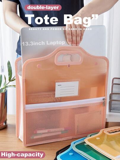 1 bolsa tote dupla camada, pasta para documentos, bolsa de estudo, com bolso frontal de malha com zíper - leve e resistente à água, organizador escolar para alunos, tutores, professores, escritório, volta às aulas, material escolar