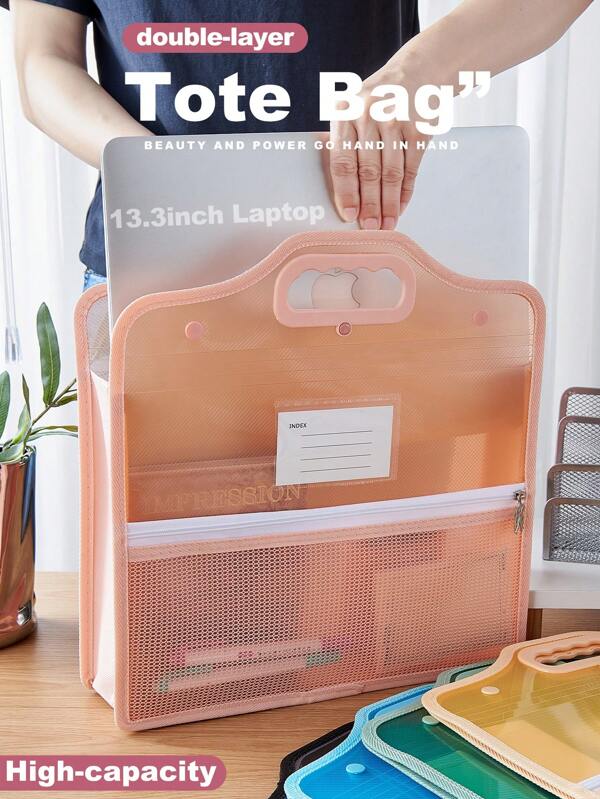 1 Pieza Bolso de mano de doble capa, carpeta de documentos, bolso de mano para estudiar, con bolsillo frontal con cremallera de malla - Liviano y resistente al agua, organizador escolar para estudiantes, tutores, maestros, oficina, vuelta al colegio, útiles escolares