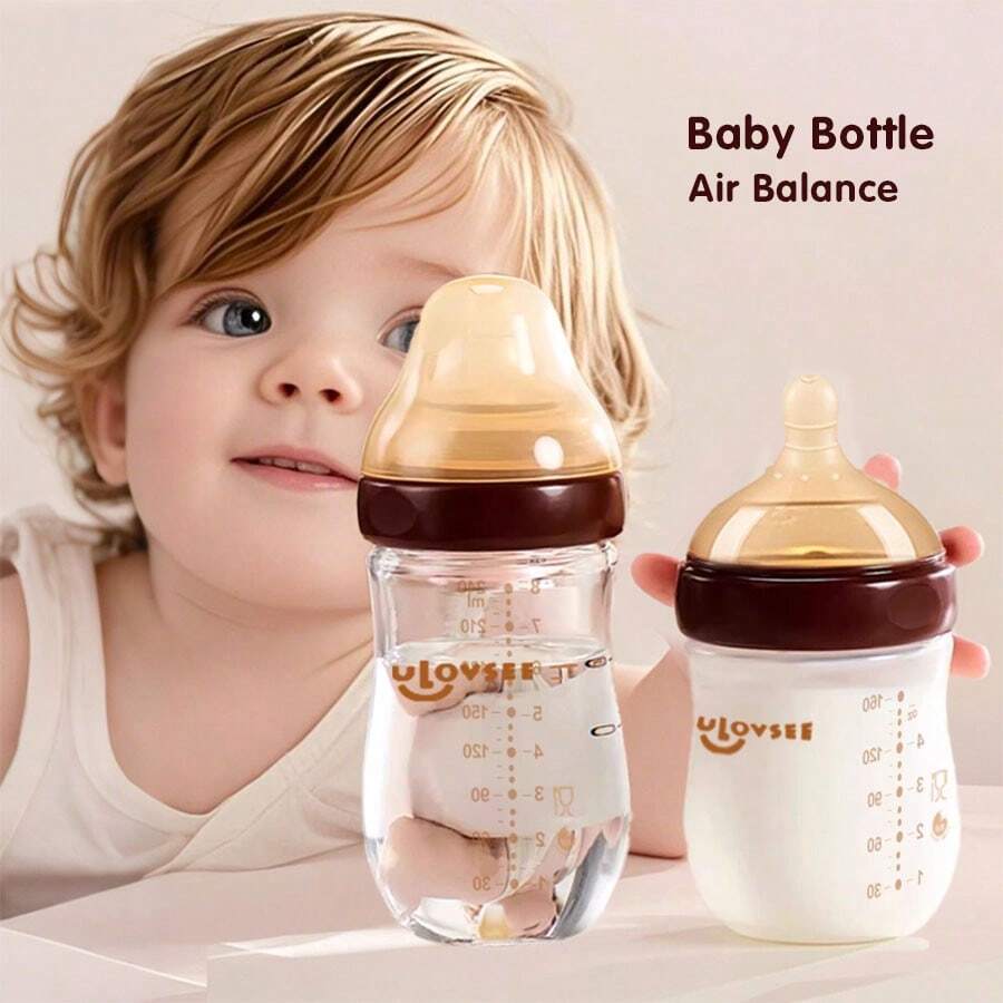 Biberones de vidrio borosilicato de alta calidad de 4 oz y 8 oz, biberones de alimentación de vidrio de cuello ancho, biberones de leche con orificio/válvula de equilibrio de aire en la parte inferior, regalo perfecto para recién nacidos