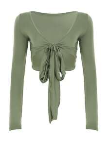 Women Fitness Yoga T-Shirts Solid Color Tie-Up Front V-Neck Long Sleeve Bottoming Shirt Seamless Workout Crop Tops Shrugs - 綠色 - 查看 2