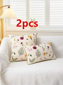 1pc/2pcs Decorative Floral Embroidered Cushion Cover, Precision Canvas Embroidery With Rolled Edges, Suitable For Room, Living Room Sofa, Country Cottage Floral Bouquet Decor Pillow Cover, 4 Seasons, 30*50cm, 45*45cm