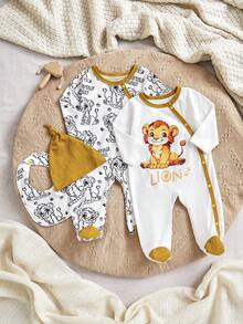 2pcs/Set Comfortable Breathable Infant Jumpsuit With Cute Lion Pattern, Contrast Color Ruffled Leg Opening, Single Breasted Design, Long Sleeve Footed Romper With Hat & Bib, Suitable For Daily Wear