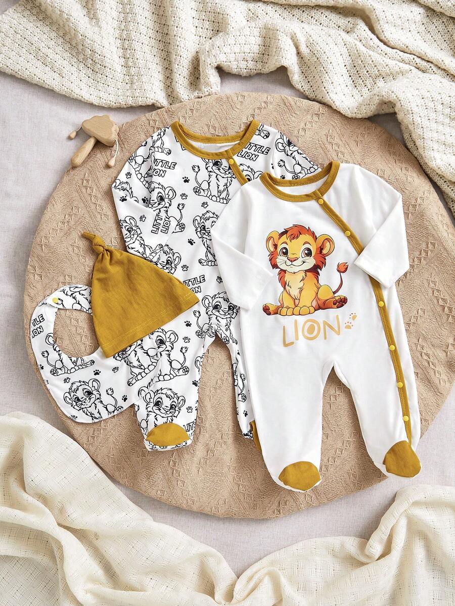 2pcs/Set Comfortable Breathable Infant Jumpsuit With Cute Lion Pattern, Contrast Color Ruffled Leg Opening, Single Breasted Design, Long Sleeve Footed Romper With Hat & Bib, Suitable For Daily Wear