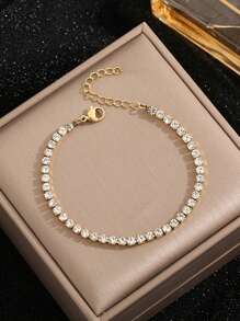 1PC Stainless Steel 18K Plated Zirconia Inlaid Bracelet For Women In French Fashion With Ins Style, Suitable For Parties, Dates, And Office Workers With A Mother Day Gift