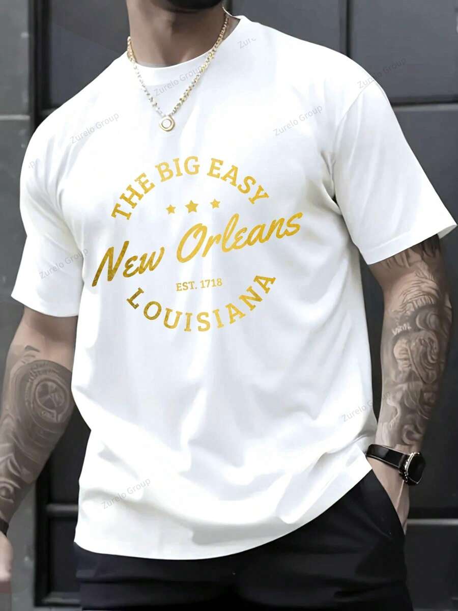 New Orleans Est. 1718 Louisiana Vintage Nola T-Shirt - 100% Cotton Summer Tops Graphic Tees, Y2K Clothes Graphic T Shirts For Men, Jamaica Nana Shirt Ropa De Hombre - 白色 - 查看 1