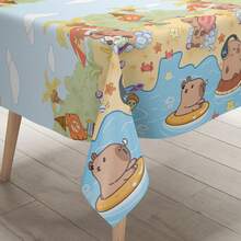 1 pieza Mantel con tema de carpincho de dibujos animados, mantel impreso con lindos carpinchos en agua de piscina, adecuado para decoración de mesa en fiesta de cumpleaños - Multicolor - Ver 1