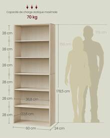 VASAGLE Bibliothèque, Étagère sur 6 Niveaux, Meuble de Rangement Ouvert, Étagère, 24 x 60 x 178,5 cm, pour Salon, Bureau, Salle à Manger, Beige Naturel - Blanc - Voir 4
