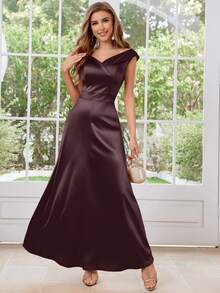 MUXXN 1950er Jahre Vintage Satin V-Ausschnitt Cocktailkleid - Schokoladenbraun - Übersicht 4