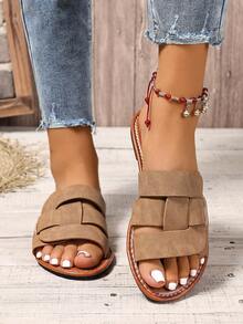 新款春夏 H Brand 女士拖鞋，时尚休闲凉拖，罗马一脚蹬穆勒鞋，黑色/米色/棕色，平底压花拖鞋，博主推荐 Desert Key 优雅水钻厚底坡跟凉鞋，夏季仙女简约户外穿搭鳄鱼印花平底带凉鞋 - 鏽棕色 - 查看 5