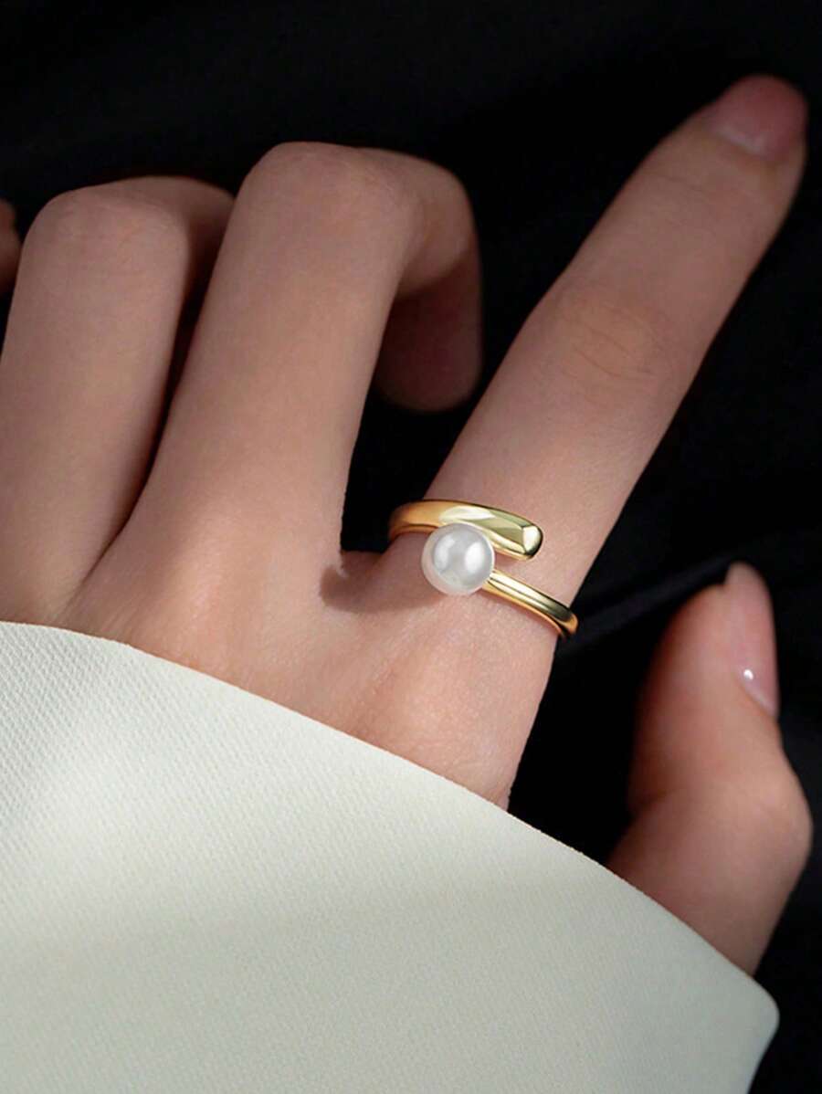 1pc Luxury Exquisite Minimalist Faux Pearl Criss-Cross Ring