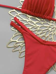 European & American Minimalist Sexy Backless Tie-Up Top & Thong Bikini Set, Bright Red - Red - View 7