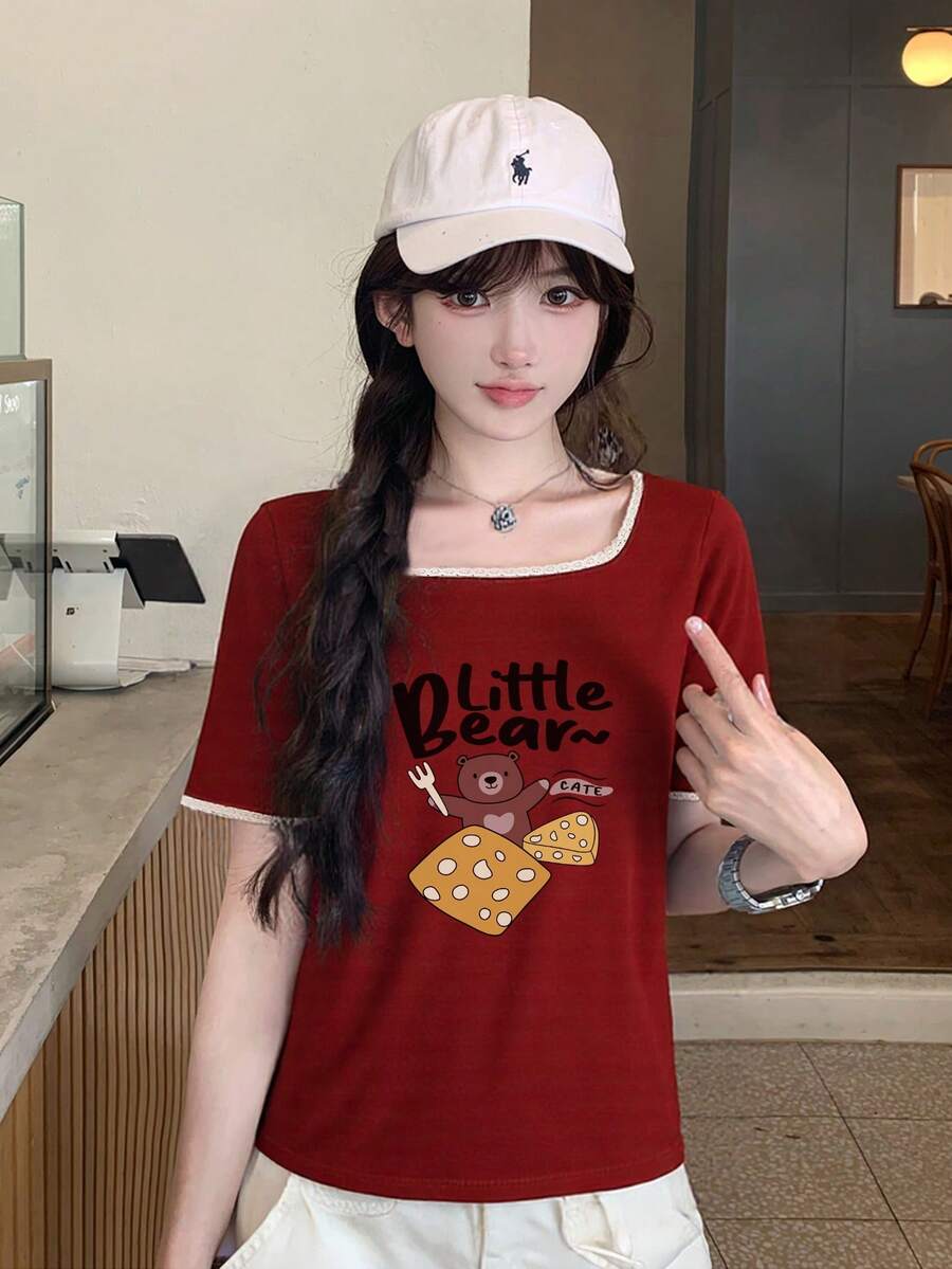 Lace Patchwork Short Sleeve Women T-Shirt,Square Neck Casual Cartoon Letter Print Cute Sweet Style Ladies Tops, Summer - Burgundy - View 1