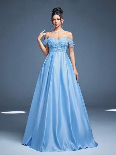 Mgiacy,New Arrival,Off Shoulder,3D Floral,Elegant,Bridesmaid Dress,Satin,Long Dress,FOR,Wedding Guest
