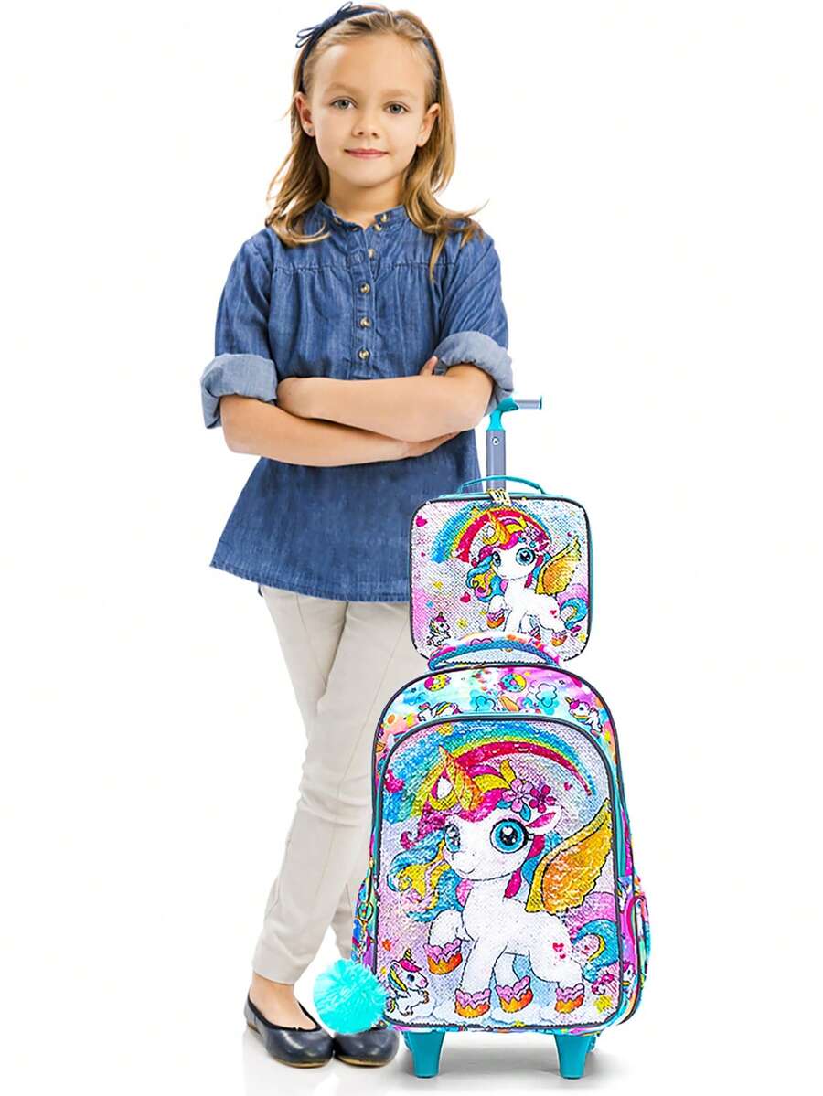 BLING BABIES Set de 3 piezas: Mochila con ruedas para niñas, diseño de unicornio de dibujos animados con lentejuelas, con lonchera y estuche de lápices - Verde, adecuado para el transporte diario