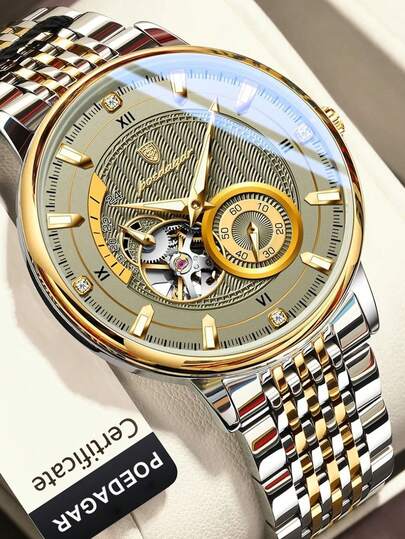POEDAGAR 1pc Business Men's Stainless Steel Automatic Skeleton Tourbillon Mechanical Watches, Casual Waterproof Luminous Man Wristwatch, Fashionl Male Wrist Watch Suitable For Daily Occasion, Gifts For Men