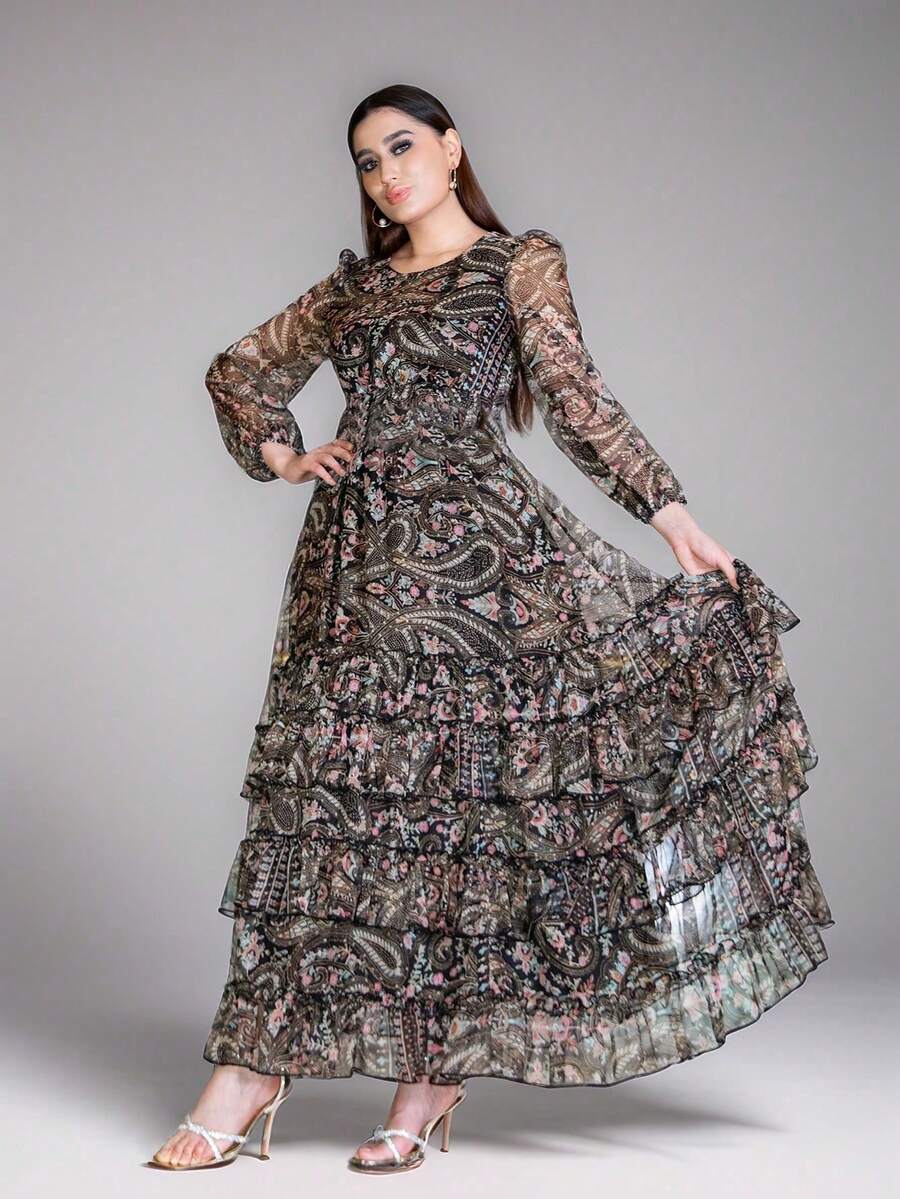 Women's V-Neck Allover Print Layered Ruffle Hem Elegant Dress