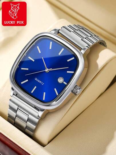 LUCKYFOX ساعة معدنية فاخرة بسيطة، عصرية، مربعة الشكل مع إظهار التاريخ، مناسبة للرجال والنساء لاستخدامها اليومي، في المناسبات الرسمية والأعياد وعيد الحب، هدية مميزة
