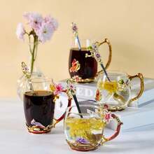 Tea Cup Glass Coffee Mugs,Fancy Tea Cup Set Birthday Christmas Valentine's Day Gift Idea For Tea Lover And Women Novelty Coffee Mugs Rose Flower Enamel Tea Cup Glass Mug With Spoon Set - 金色 - 查看 5