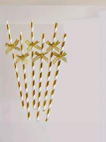 1 Set/3pcs Sparkling Bowknot Decorated Straws, Cute Cartoon Striped Paper Straws For Wedding Gender Reveal Christening Party Decorations, Birthday Party Supplies,School Supplies