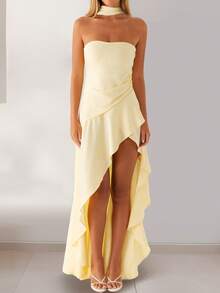 Women Casual Tube Dress Summer Solid Color/Floral Print High Low Ruffles Dress With Scarf For Cocktail Streetwear