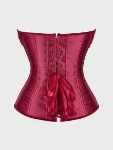 Corset Top Strapless Corset Bodyshaper Bustier Lingerie Satin Lace Up Boned Corset Vintage Corsets For Women - 酒紅色 - 查看 3