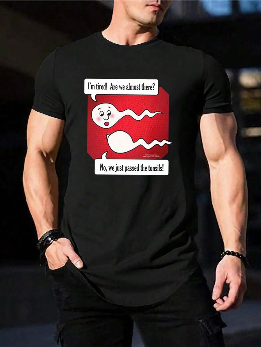 Camiseta divertida de dibujos animados de espermatozoides para hombres | Camiseta gráfica humorística | Regalo único para esposo, novio, estudiantes universitarios | Cómoda camiseta de cuello redondo de mezcla de algodón - Negro - Ver 1