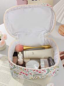 1 Peça/Conjunto Nécessaire de Maquiagem com Flores Frescas, Estilo com Zíper Acolchoado com Estampa Floral Rosa e Planta Verde, Grande Abertura, Portátil para Viagem. Necessaire de Maquiagem Pequena para Carregar na Mão. Nécessaire para Lavar no Banheiro, Bolsa de Armazenamento de Joias, Bolsa de Armazenamento de Produtos de Beleza, Bolsa de Armazenamento de Pincéis