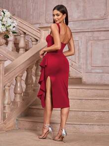 CurvySweet Classic Elegant Fitted Midi Dress With Ruffle Hem, Boned Bodice, Suitable For Business, Social Events, Wedding Party Dress,Valentines Day Dress - Red - View 3