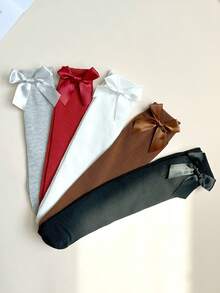 1 Pair Girls Plain Bow Knee High Socks, Mid-Calf Length School Uniform Socks, Versatile For All Seasons