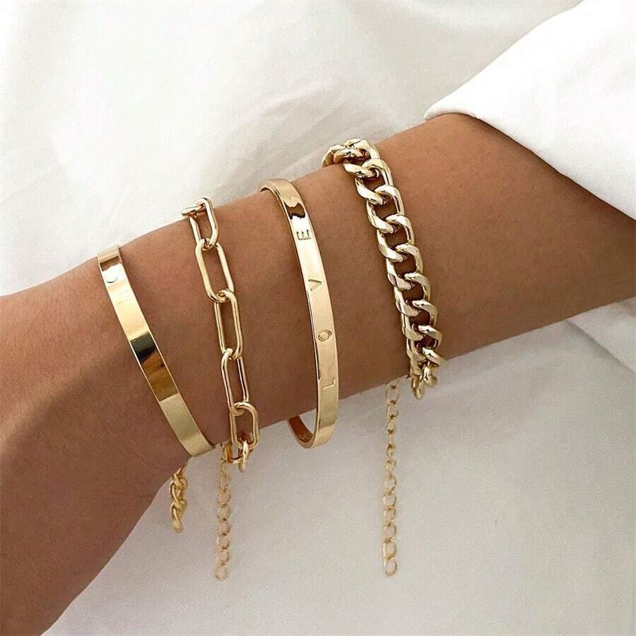 4pcs/Set Punk Style Chain Bracelets For Women, English Letter LOVE Charm Bangles - Multicolor - View 1