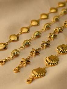 1pc Waterproof Beach Style Stainless Steel Shell & Seashell Beaded Bracelet, 18K Gold, For Women - Yellow Gold - View 5