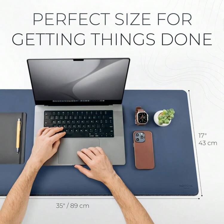 Felt And Leather Desk Mat Non-Slip - Blue - 35 X 17 Inch - Felt And Vegan Leather Desk Pad - Document Organizers - Desk Blotter And Desktop Mat - Desk Protector Laptop Desk Matt For Desktop - Xanh nửa đêm kép - Xem 3