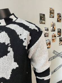 Unique Design Men's Skull Printed Crew Neck Long Sleeve Sweater - Black and White - View 6