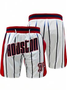 Größe 34 Herren gestreifte Basketball Shorts mit gesticktem Houston Buchstaben, klassische Retro Sportshorts mit Taschen, geeignet für Basketball, Baseball, Golf, tägliches Training, Laufen, Strand