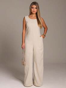 Elegant Linen Pantaloon Jumpsuit Wide Legs And Discreet Pockets - Beige - View 1