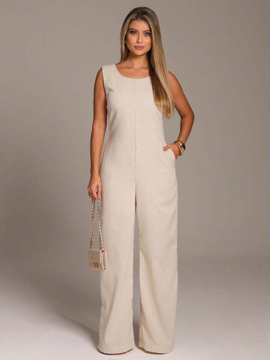 Elegant Linen Pantaloon Jumpsuit Wide Legs And Discreet Pockets - Beige - View 1