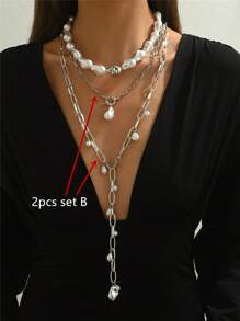 1-3pcs Bohemia Gold Layed Necklace, Pearl Exaggarate Long Necklace, Baroque Pearl Necklac, Vintage Necklace, Party,Daily, Vacation Necklace Set Woman Gift
