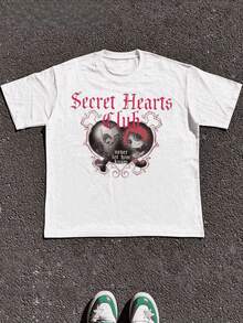 Camiseta de manga corta cuello redondo atlética para hombre de la "Secret Hearts Club" 1 pieza 100% algodón con impresión digital de 220g de peso pesado - Blanco - Ver 1