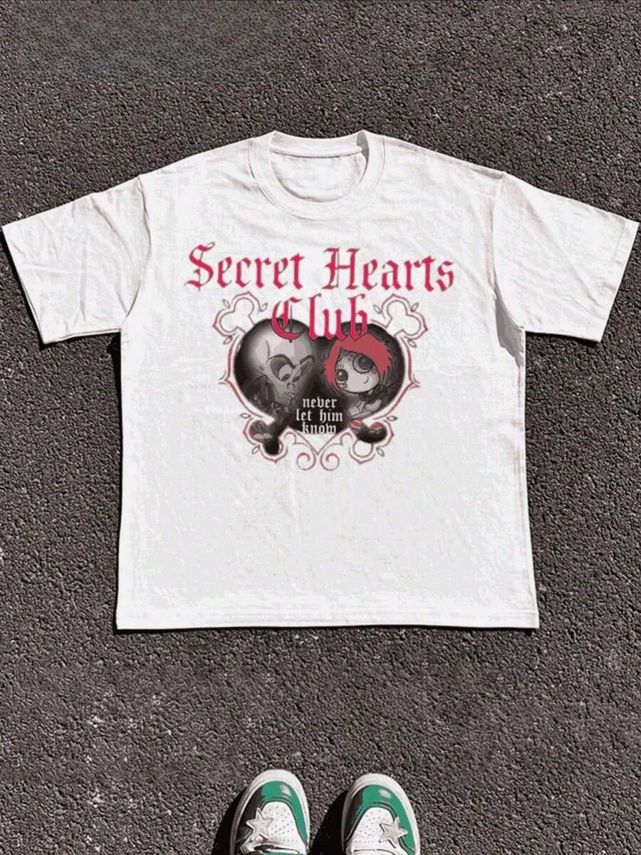 Camiseta de manga corta cuello redondo atlética para hombre de la "Secret Hearts Club" 1 pieza 100% algodón con impresión digital de 220g de peso pesado - Blanco - Ver 1