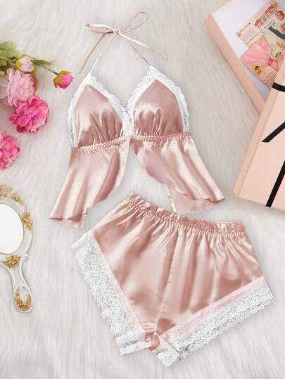 Christmas Gift Erotic Lingerie Lace Trim Satin Sexy Lingerie Set - Halter Neck Slit Camisole Bra & Stretchy Shorts - Women's Erotic Underwear Comfortable Home Sleepwear Valentine's Day Gift