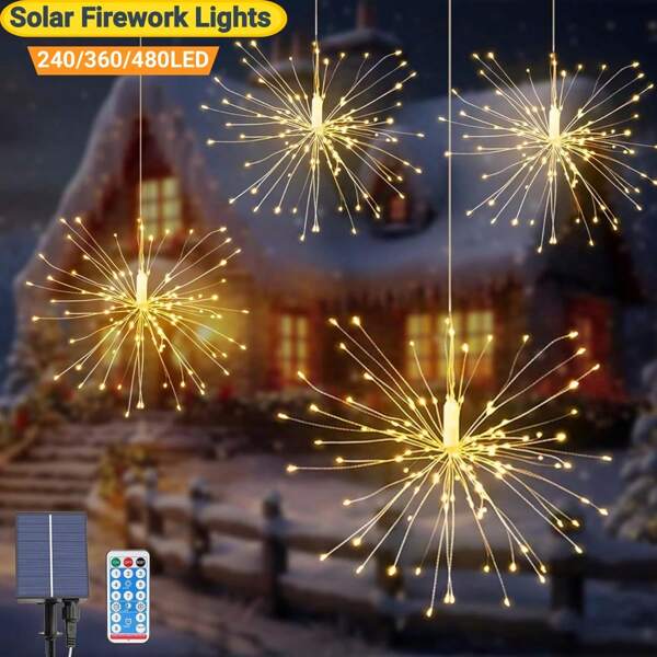 4pcs/Set Solar Hanging Firework Lights, LED Copper Wire Firework String Lights, 240/360/480 LED Glimmering Starry Ball Lights, Adjustable 8 Modes Flashing With Remote Control, Smart Light Sensor, Suitable For Patio, Umbrella, Eaves, Garden, Trees, Tent, Christmas Decor