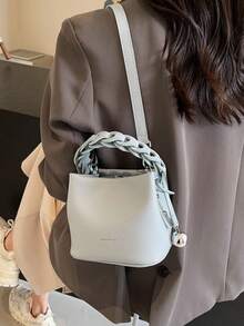 时尚小丑图案PU防水材质，字母图案，金属吊坠装饰，便携式方形包，优雅手提包，商务通勤包，适合工作场合，高端时尚包，适合日常通勤和聚会 - 藍色 - 查看 9