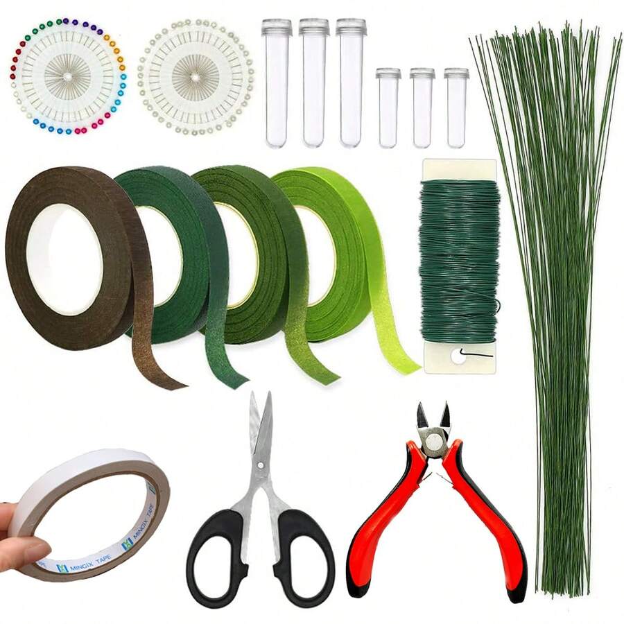Kit de cinta y alambre florales, cinta de florista y kit de alambre para arreglos florales con alfileres para boutonniere, cortador de alambre para ramos, manualidades, corona y accesorios para arreglos florales DIY - Multicolor - Ver 1