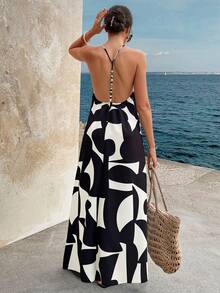 Doriss 夏季风格露背串珠印花吊带长裙，情人节装扮，优雅女士装扮，海滩装扮，感恩节装扮，毕业典礼装扮，音乐会装扮，女士早午餐装扮，节日庆典派对装扮 - 彩色 - 查看 2